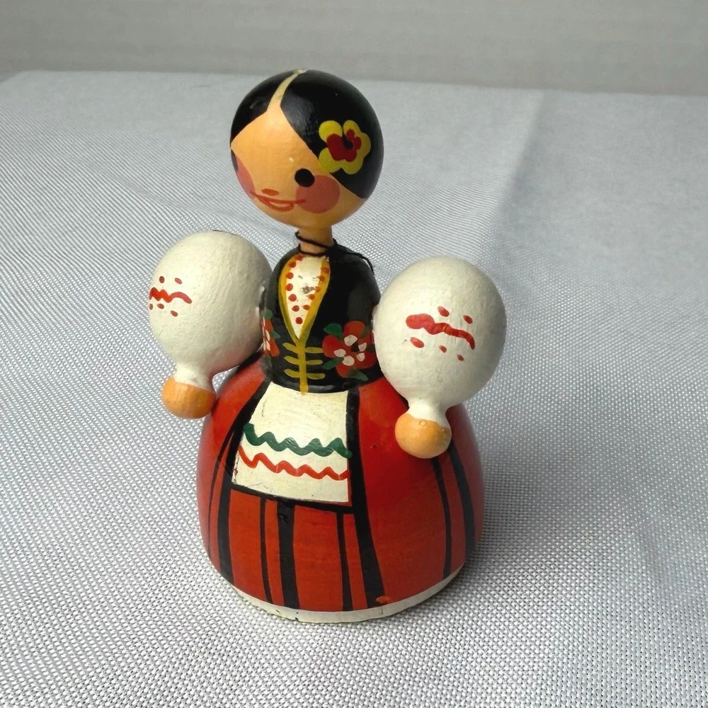 VTG Polish Folk Art Wooden Dolls Pair Hand Painted 1978 Poland Egg Figurine